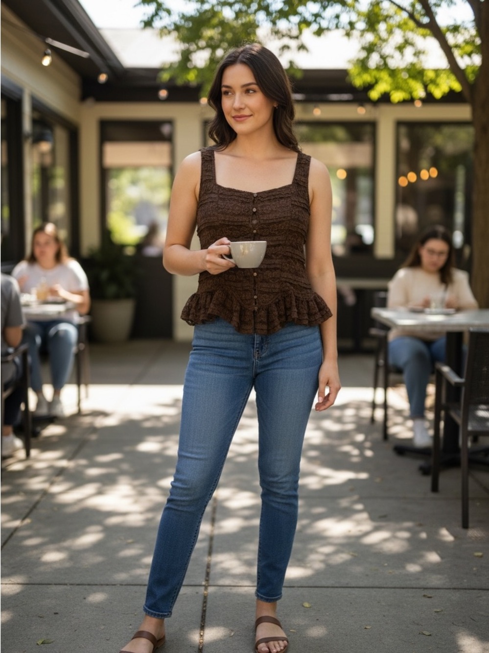 Kimchi Blue Brown Button-Front Peplum Tank